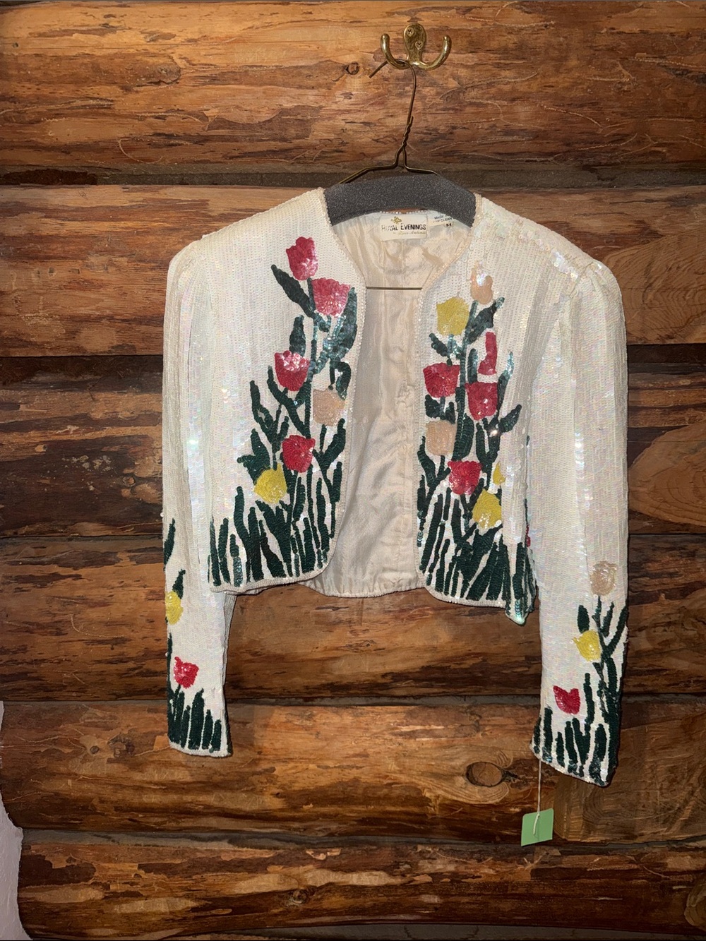 😍Embellished White Silk Royal Evenings by Ricco M Sequin Floral Cropped Jacket